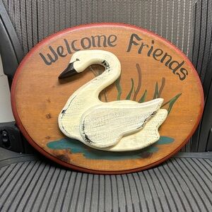 Welcome Friends Swan Wall Plaque - Rustic White & Wood